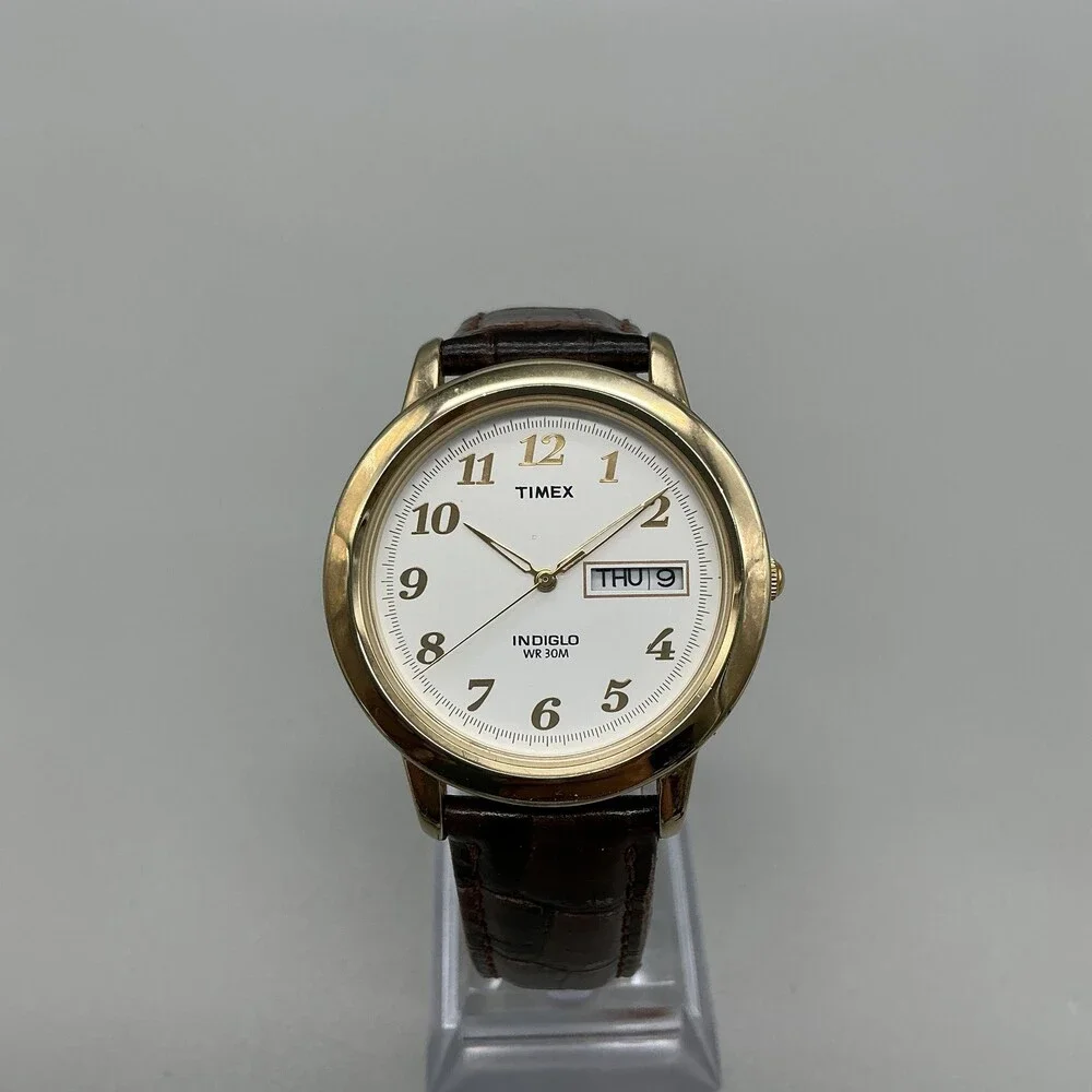 Vintage Timex Indiglo Mens Watch 37mm White Dial Brown Leather Quartz Day Date
